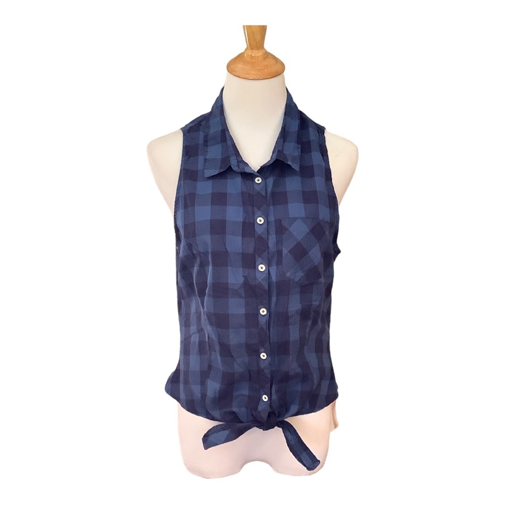 Divided H&M blue plaid sleeveless button up shirt tie front SZ 8